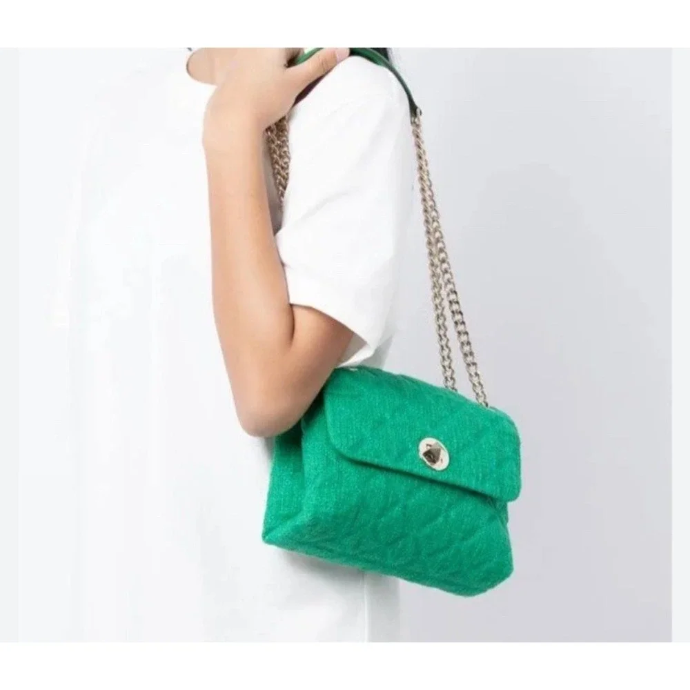 Kate‎ Spade Natalia Solid Quilted Tweed Crossbody Kelly Green Gold Chain New